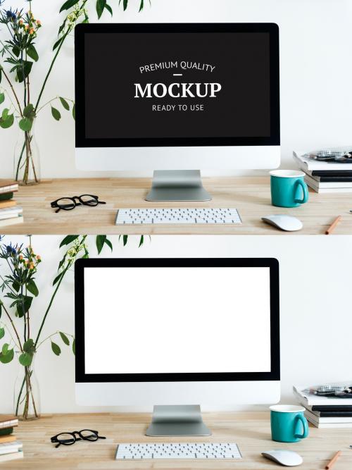 Desktop Computer on Wooden Desk Mockup - 247661475