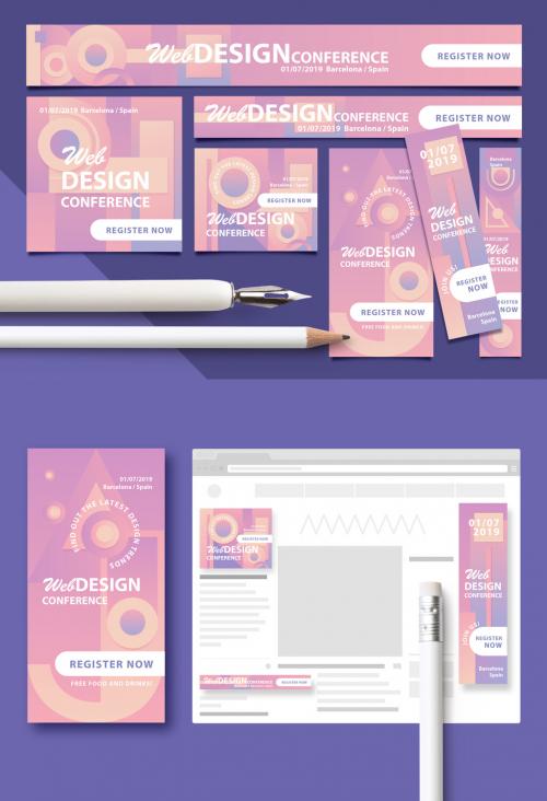 Web Banner Layouts with Pastel Geometric Patterns - 247663392