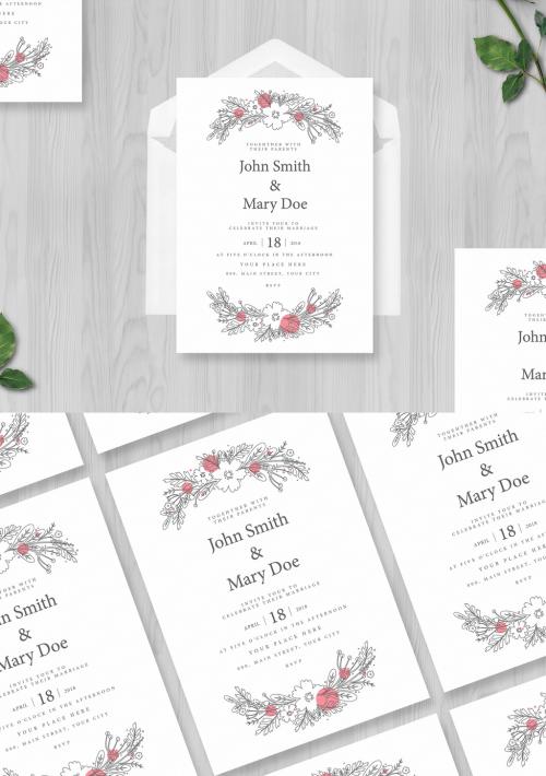 Wedding Invitation Layout with Floral Illustrations - 248747214