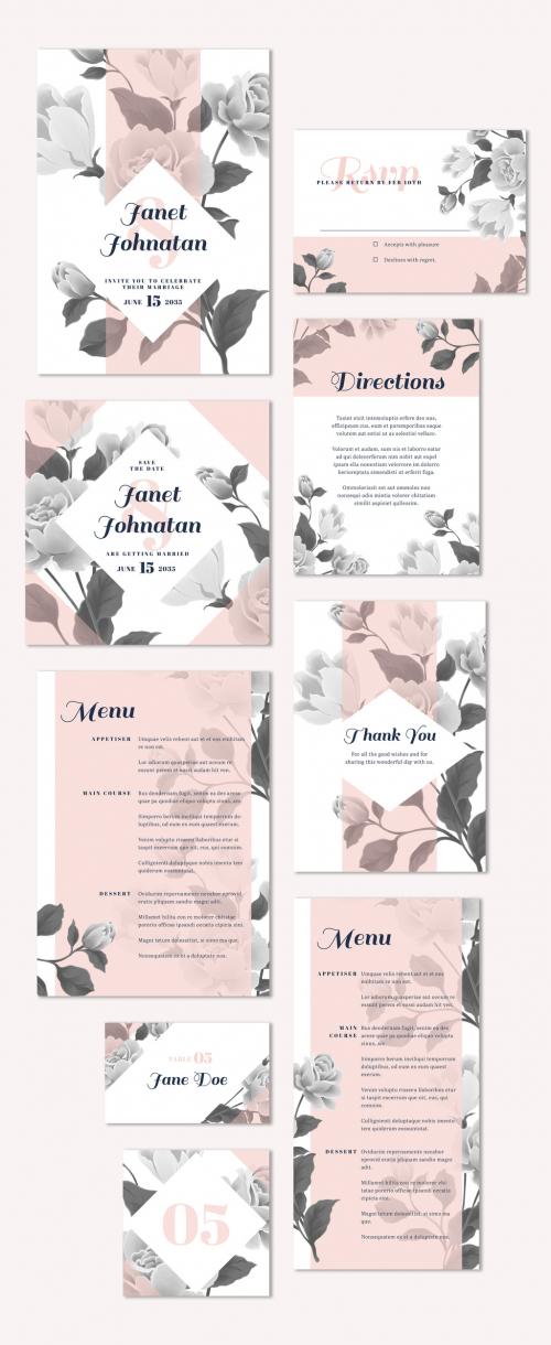 Wedding Invitation Layout Set with Floral Elements  - 250489734