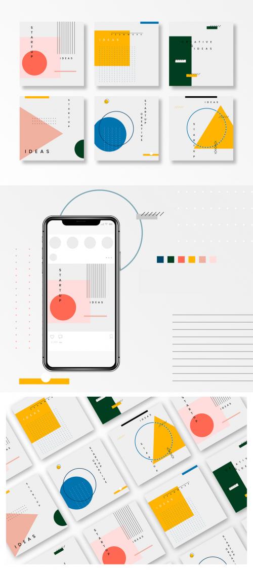 Social Media Post Layouts with Thin Linework and Colorful Geometric Shapes - 250905505