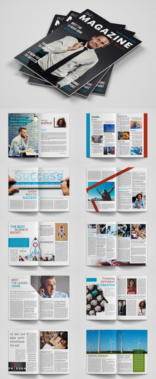 Business Magazine Layout with Blue and Red Accents - 252070079