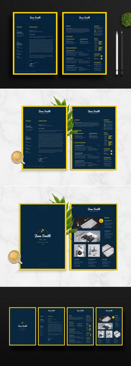 Resume, Cover Letter, and Portfolio Layout with Blue and Yellow Accents - 252126242