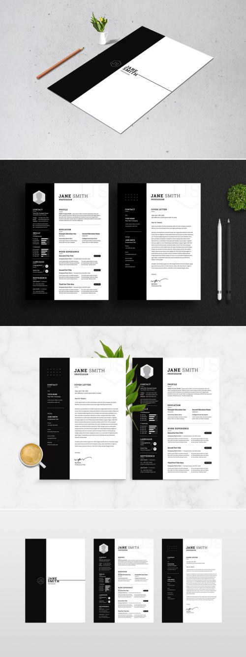 Black and White Resume and Cover Letter Layout with Black Sidebar - 252126247