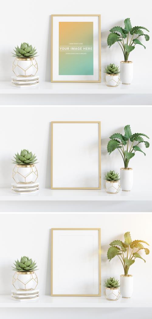 
Vertical Frame on Shelf with Plants Mockup - 253807994