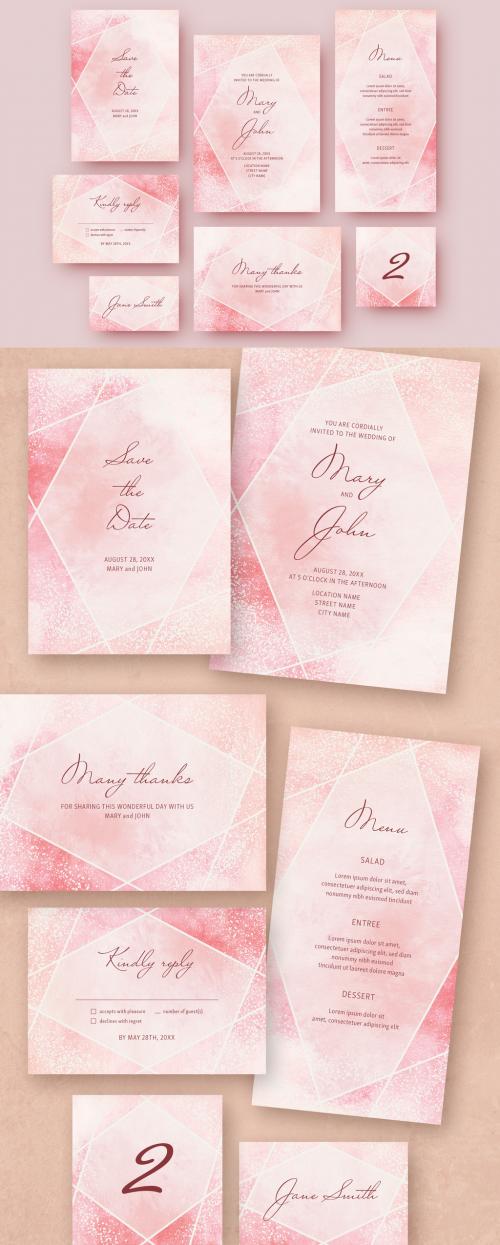 Wedding Stationery Set with a Pink Watercolor Textured Background - 254732414