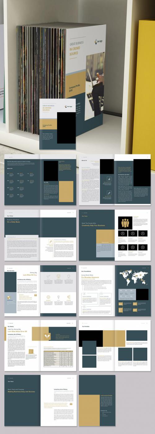 Brochure with Dark Gray Blue and Gold Accents Layout - 254975031