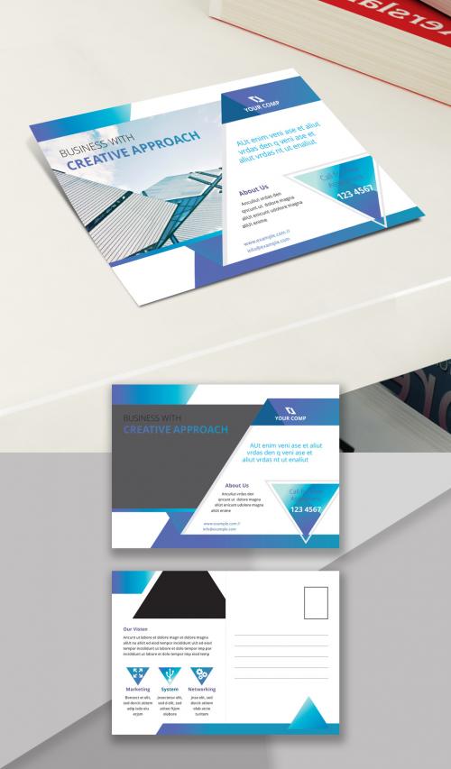 Postcard Layout with Blue Accents and Geometric Elements - 254975032