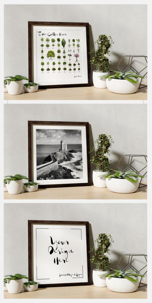 Square Frame Leaning Against a Wall with Plants Mockup - 254986990