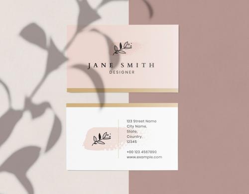 Business Card with Pink Brushtroke Element and Line Art Floral Illustration - 255258376