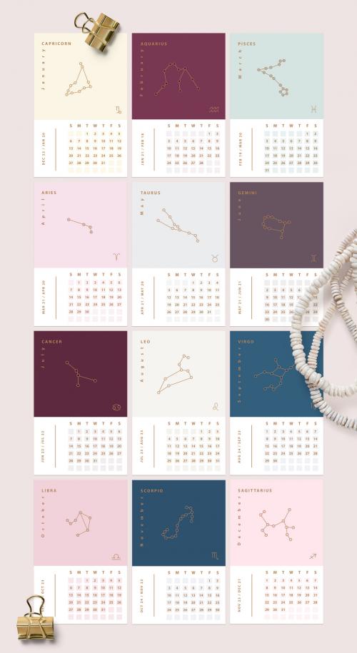 12 Astrology Calendar Layouts with Constellation Illustrations - 255413631