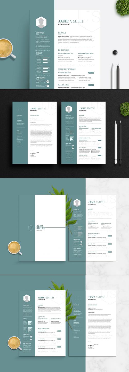 Resume and Cover Letter Set with Teal Sidebar Element - 255969316