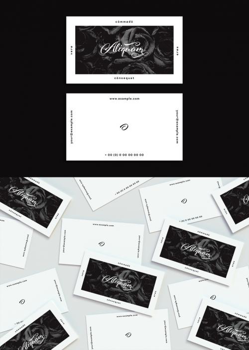 Business Card Layout with Dark Floral Pattern - 256044929