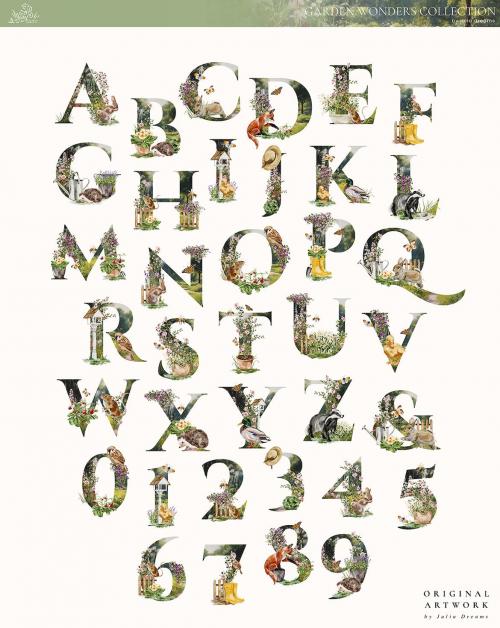 Garden Alphabet Letter Numbers Monogram Watercolor
