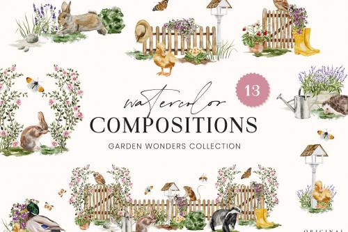 Watercolor Compositions Garden Animals Plants