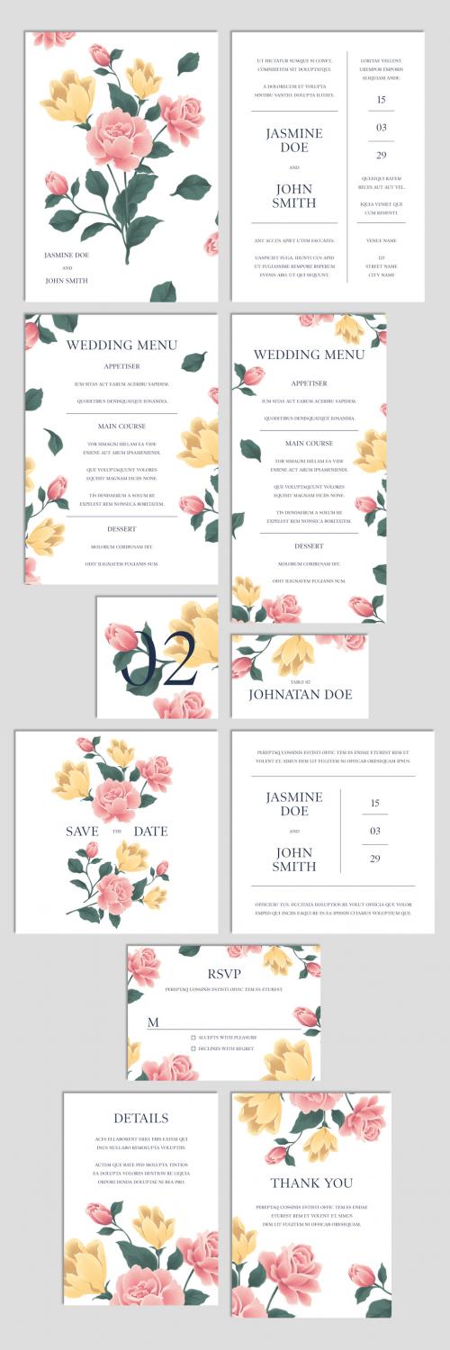 Wedding Suite with Yellow and Pink Flower Illustrations - 256873247