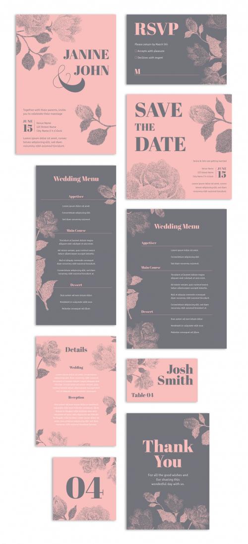 Wedding Suite Layout with Pink and Dark Grey Floral Elements - 257516895