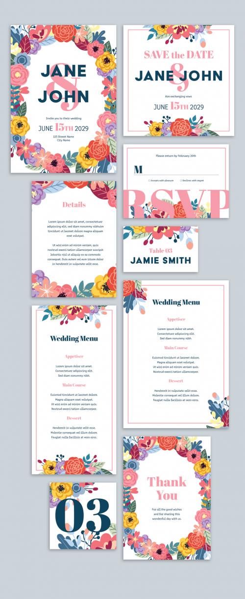 Wedding Suite Layout with Colorful Flower Illustration and Pink Accents - 257516912