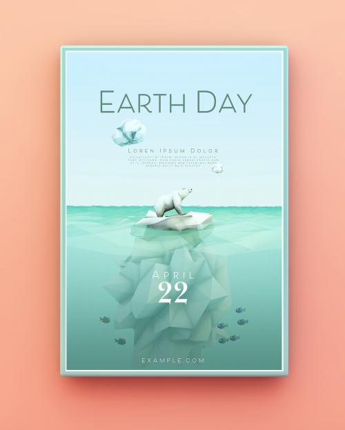 Earth Day Poster Layout with Polar Bear and Iceberg Illustration - 258418932