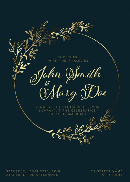 Wedding Invitation Layout with Gold Foliage Elements - 258988535