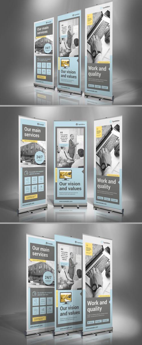 Roll Up Banner Layout with Gray, Yellow, and Pale Blue Accents - 259425472