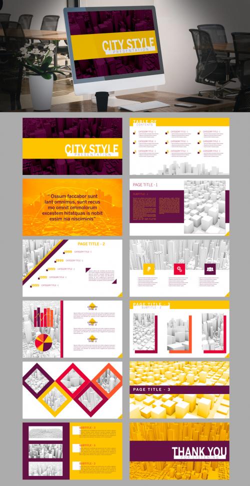 Urban Presentation Layout with Purple and Yellow Accents and Skyscraper Backgrounds - 259579830