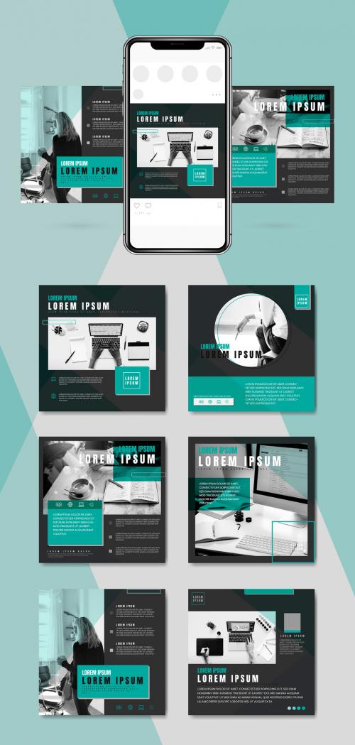 Social Media Post Layouts with Teal and Gray Accents - 259602307