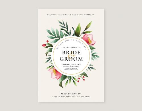 Wedding Invitation Layout with Watercolor Floral Elements - 259602319