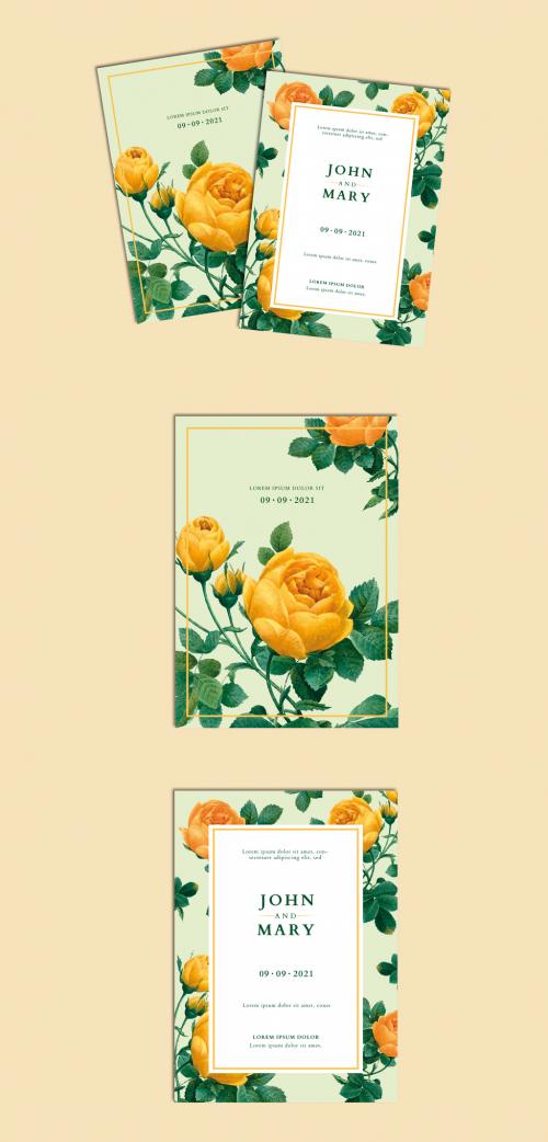 Wedding Invitation Layout with Yellow and Green Floral Elements - 259602494