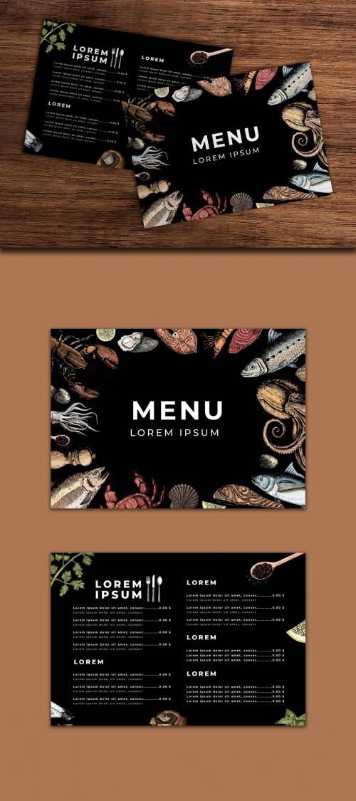 Dark Menu Layout with Seafood Illustrations - 259602503