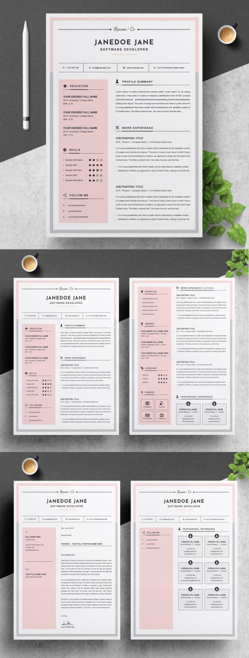 Resume and Cover Letter Layout with Pink and Gray Accents - 259628346