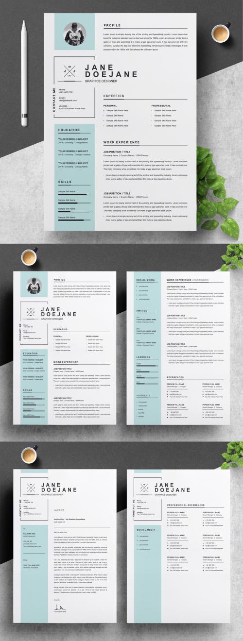 Resume and Cover Letter Layout with Sky Blue Sidebar - 259628380