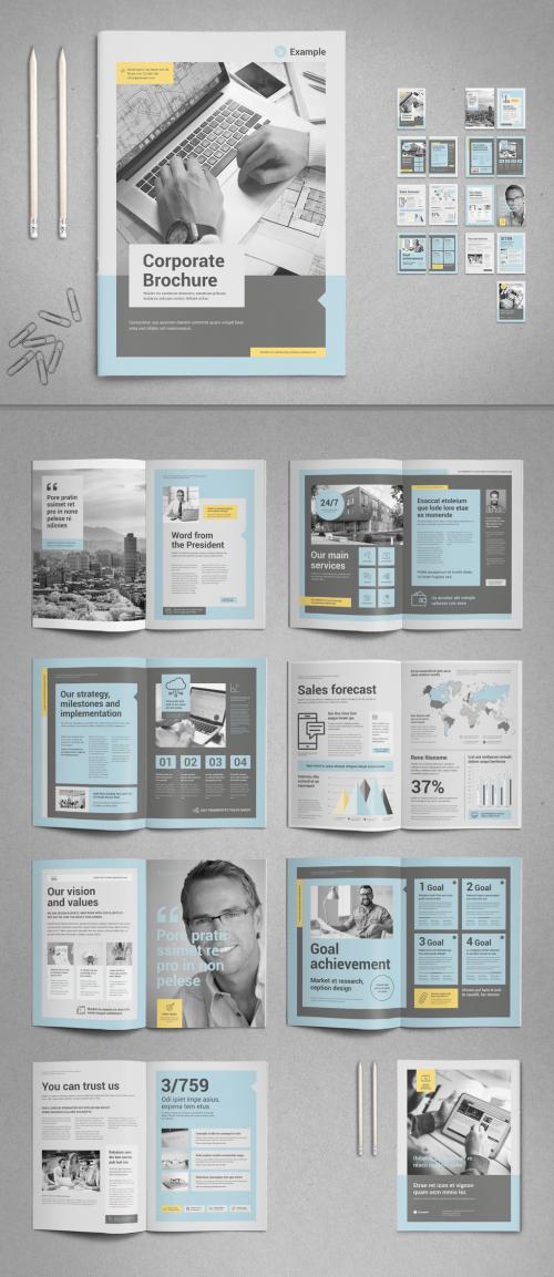 Business Brochure Layout in Pale Blue and Gray with Yellow Accents - 259814073