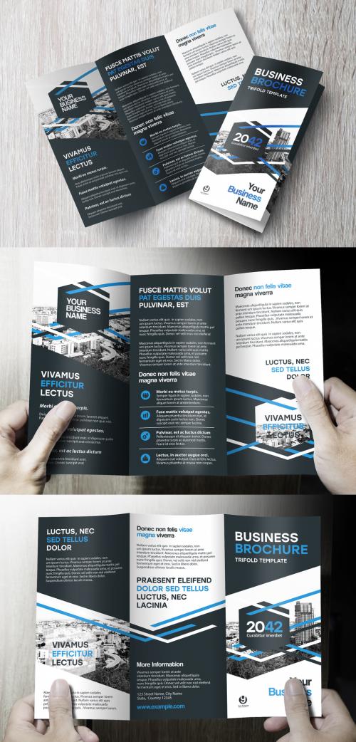 Trifold Brochure Layout with Black and Blue Accents - 260311190