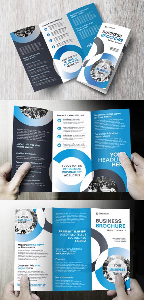 Trifold Brochure Layout with Black and Blue Accents - 260311227