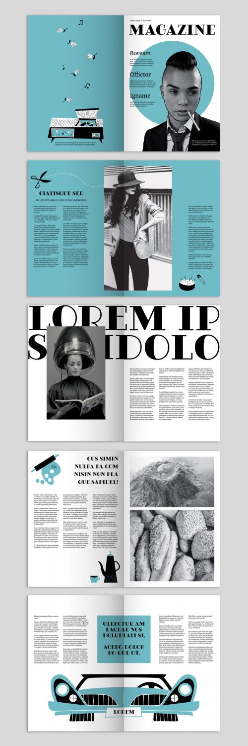 Magazine Layout with Mid-Century Themed Illustrations - 260385432