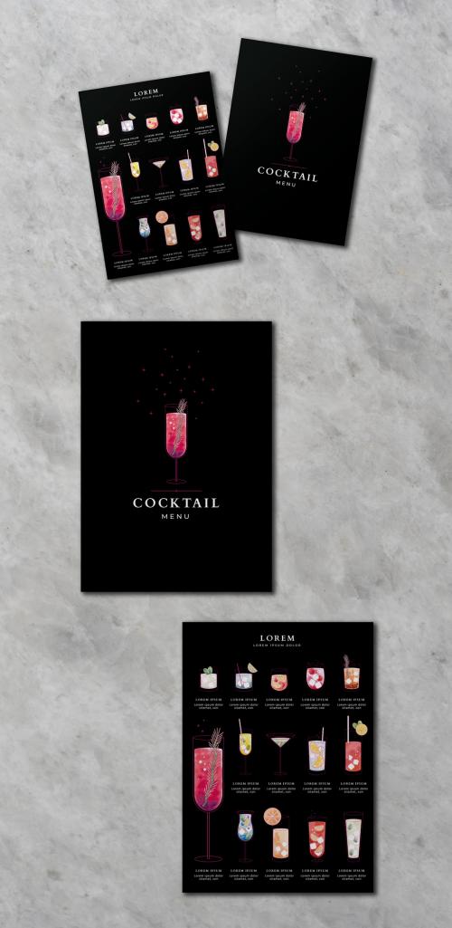 Illustrative Cocktail Menu Design Layout With Black Background - 262351632