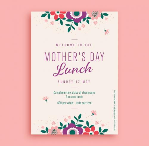 Mother‘s Day Lunch Flyer Layout with Illustrative Flowers - 262605647