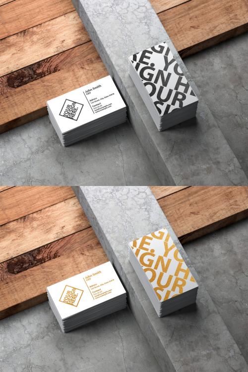 2 Stacks of Business Cards on Stone and Wood Background Mockup - 263713081