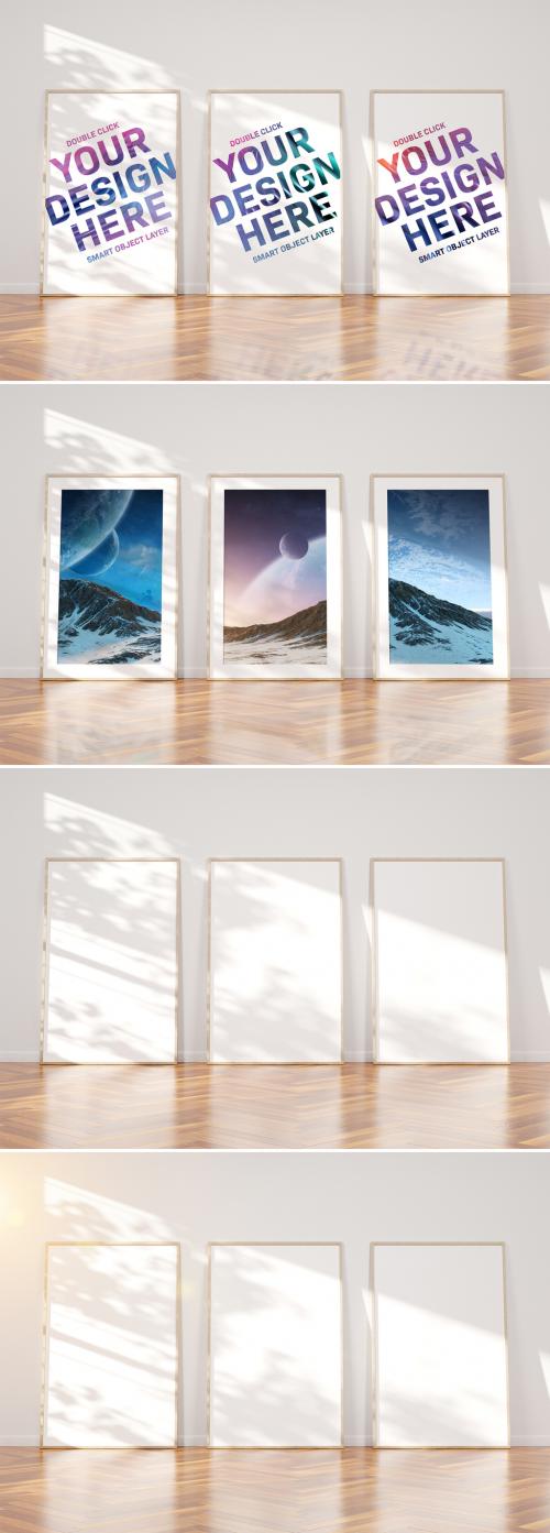 3 Vertical Wooden Frames Laying in Interior Mockup - 263752772