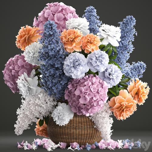 A bouquet of flowers 84. Lilac, hydrangea, basket, decor, peonies, eco design, natural decor, table decoration