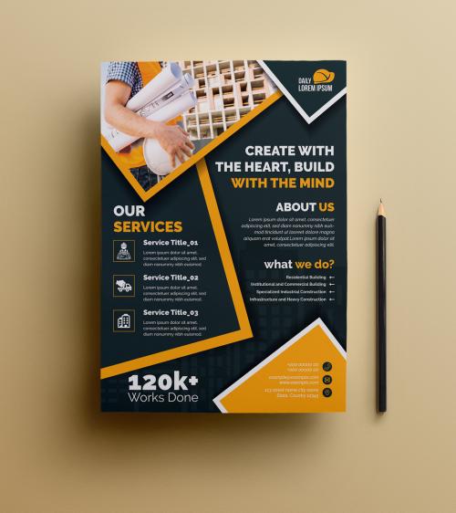 Construction Flyer Layout with Orange Accents and Graphic Icons - 264474697