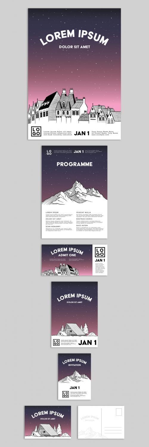 Event Promotion Set with Illustrated House and Mountain Imagery - 265208543