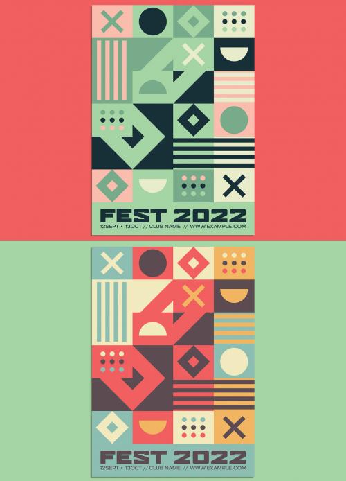 Retro Abstract Geometric Poster Layout with Colorful Decorative Squares - 266555844