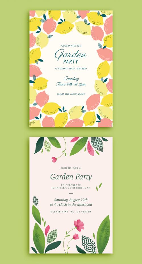 Garden Party Invitation Layouts with Lemon and Plant Illustrations - 266801670