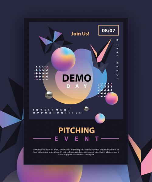 Dark Futuristic Flyer Layout with Colorful Gradient 3D Geometric Accents - 266993171