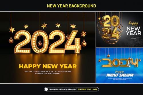 Happy New Year 2024 Golden Glowing 3D Text