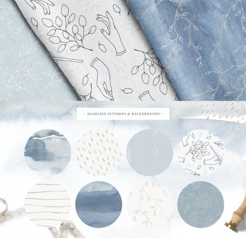 Scandi Leaf Watercolor Light Blue Gold Collection