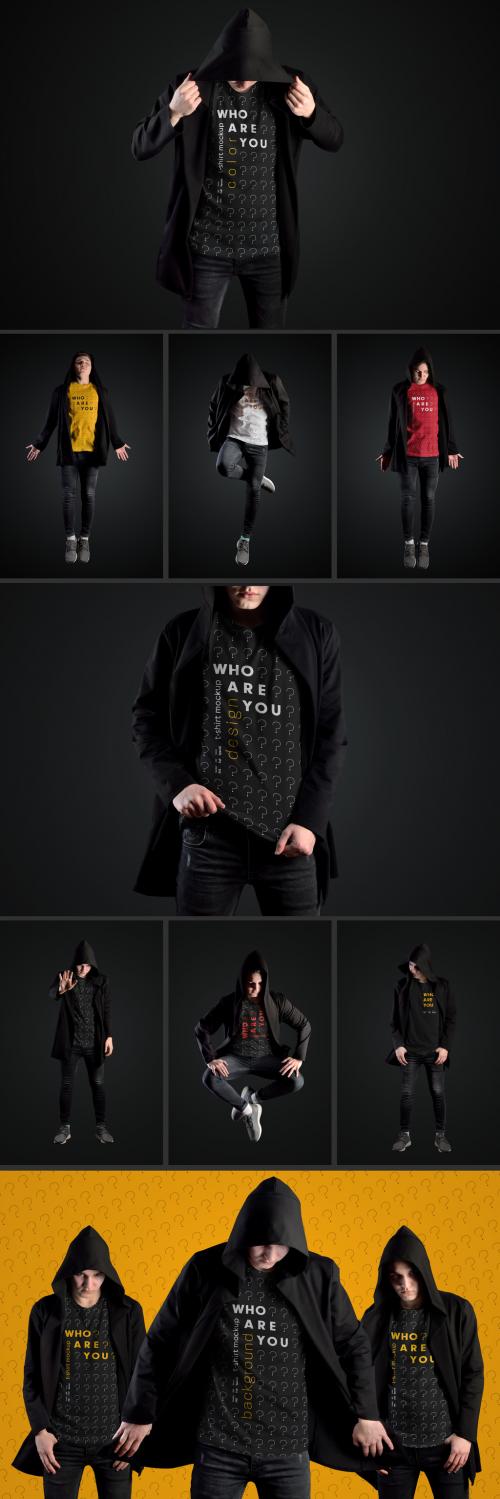 11 T-Shirt Mockups of a Young Adult in a Black Hooded Sweatshirt - 268212267