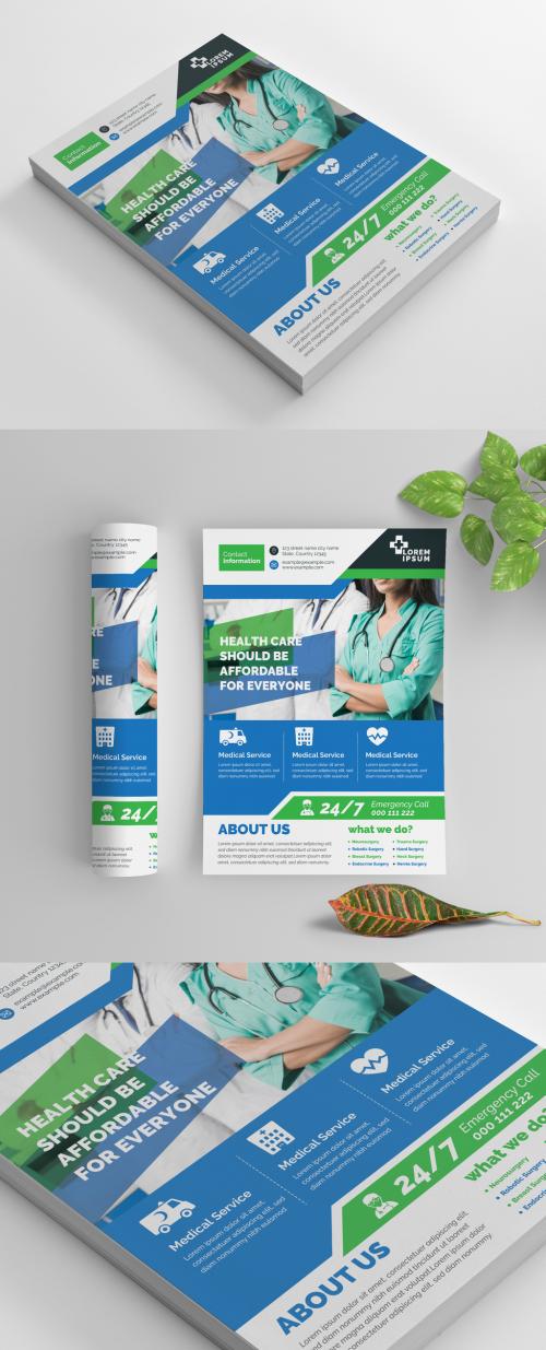 Blue and Green Health Care Flyer Layout with Graphic Icons - 269035380